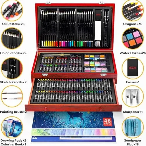 Art Supplies, 150-Pack Deluxe Wooden Art Set Crafts Drawing Painting Kit with 1 Coloring Book
