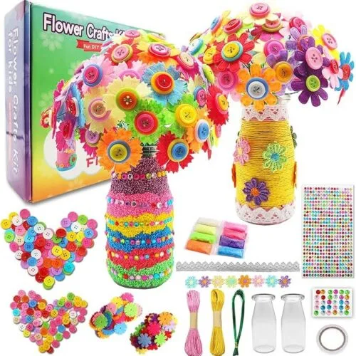 7july Crafts for Girls Ages 6-10 Make Your Own Flower Bouquet with Buttons and Felt Flowers, Vase Art and Craft for Children - DIY Activity Christmas Birthday Gift for Girls