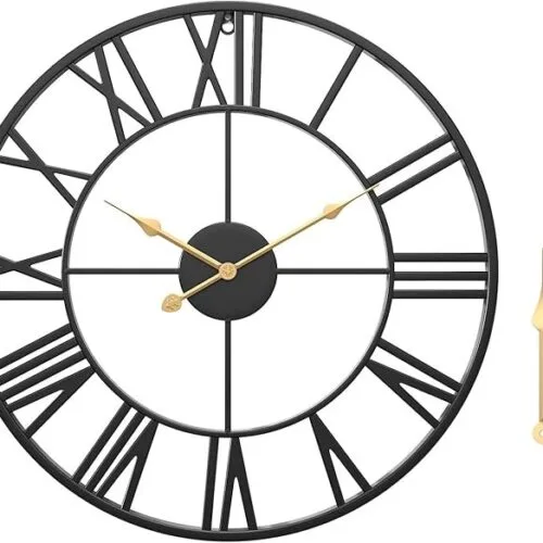 WGWART 24" Large Black Roman Numeral Wall Clock, Silent Battery