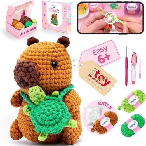 Crochet Kit for Beginners Level 1 with 40% Extra Eco-Friendly Pre-Started Easy Yarn, Step-by-Step Video Tutorials for Adults and Kids (Capybara)