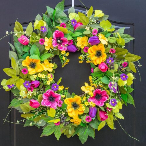 Spring Wreaths for Front Door, Soomeir Summer Outdoor Wreath with Yellow and Purple Daisy, Green Floral Door Decor for All Season Home Wall Wedding Farmhouse Holiday (Daisy)