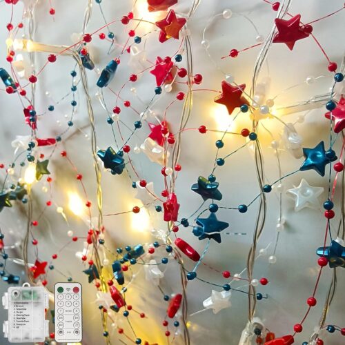 14Ft 40 LED Red White Blue Star Garland with Lights, Patriotic Lights Battery Operated with Timer 4th of July Xmas Garland for Mantle, Memorial Day, July Fourth Decoration