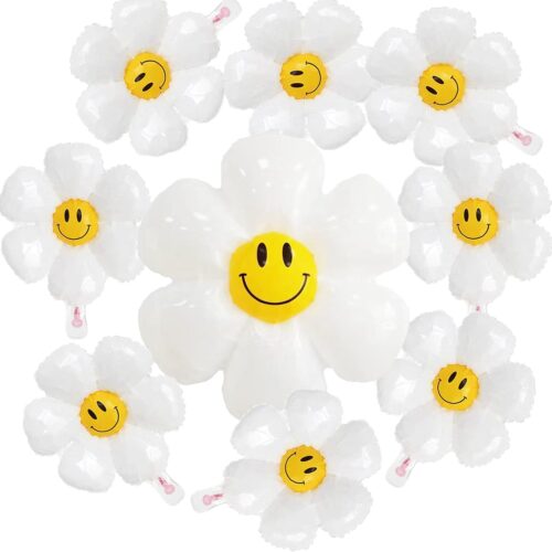 10PCS Daisy Balloons with Smile Face Groovy Party Decorations Boho White Flower Balloon for Birthday Wedding Party Décor