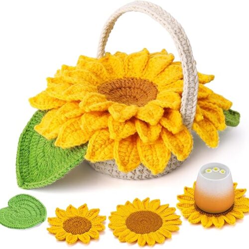Crochet Kit for Beginners, 5 Pcs Coasters Plant Pot Crochet Start Kit for Adults, Complete Knitting Crochet Supplies with Step-by-Step Instruction, Crochet Hooks, Yarn for DIY Craft Supplies
