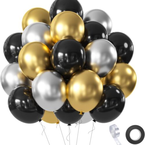 Black Gold Silver Balloons Set, 60 Pcs 12 Inch Metallic Chrome Gold Silver Balloons Black Silver Gold Balloons for Birthday, New Year, Wedding Party Decoration