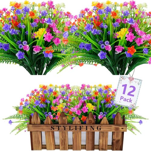 12 Bundles Artificial Flowers for Outdoor UV Resistant Plastic Plants Fake Flowers for Hanging Planters Garden Porch Patio Window Box Wedding Decoration