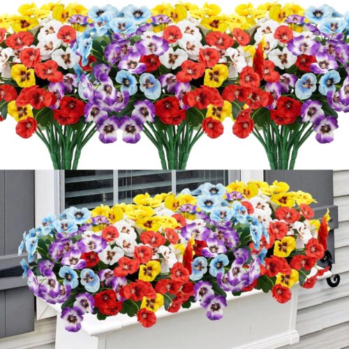 12 Bundles Artificial Flowers Pansy, 11.7in Outdoor UV Resistant Fake Small Wild Flower Daisy No Fade Faux Plastic Violets Plants for Home Wedding Table Centerpieces Porch Decor- Mixed Color