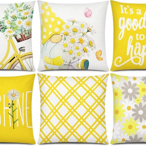 Summer Yellow Pillow Covers 18x18 Set of 6 Decorative Gnome Daisy Flower Throw Pillow Cover for Couch Modern Farmhouse Cushion Cover for Living Room Outdoor Patio Home Decor