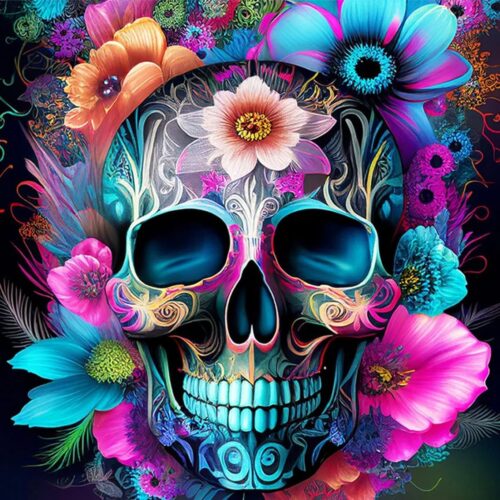 Skull Flower Diamond Painting Kits for Adults, Sugar Skull Diamond Art Kit Beginners DIY 5D Full Drill Round Skeleton Diamond Painting Gem Art for Home Wall Decor Gift 13.78 X 13.78 Inch