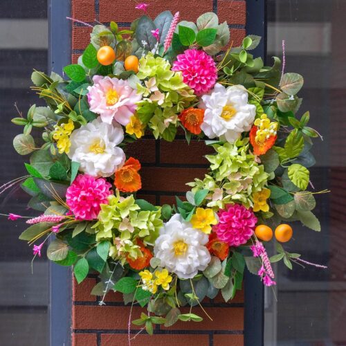 Spring Wreaths for Front Door 24 Inch Vibrant Summer Peony Hydrangea Floral Wreath Artificial Green Eucalyptus Wreath with Realistic Orange Berry- Ideal for Porch,Mantel,Home Wall Decor