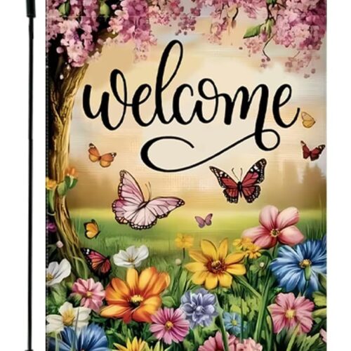 Spring Summer Garden Flag 12x18 Inch Double Sided, Small Burlap Farmhouse Butterfly Floral Welcome Garden Flags Summer Outdoor Yard Flags Decorations for Outside Decor for Garden Lover