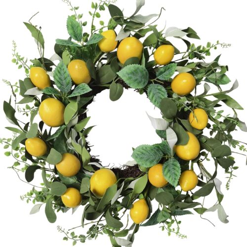 Lemon Wreaths for Front Door 18 Inch Artificial Spring Summer Wreath with Lifelike Lemon and Leaves Green Wreaths for Home Farmhouse Wall Porch Party Indoor Outdoor Decoration