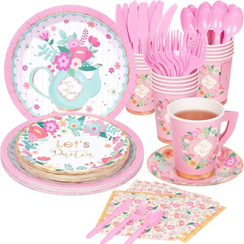 Tea Party Supplies Serves 16, Tea Party Plates and Napkins Sets Include Paper Saucers, Teacups with Handles, Tableware for Girl's Birthday, Tea Party Decorations, Total 128 PCS