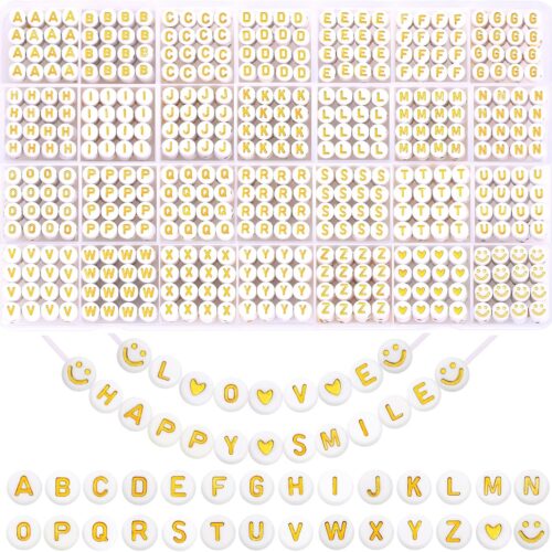 1400pcs Round Letter Beads for Jewelry Making, 28 Style Gold A-Z Alphabet Acrylic Beads Kits Heart Beads for Bracelets Making (4 * 7mm)