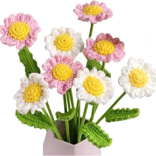 8 Pcs Hand Made Knitted Fake Sunflower Daisy Artificial Flowers for Decoration Crochet Flowers，Flocked Daisy Flower Bundle Fake Plants Wedding Centerpieces for Bedroom (White and Pink)