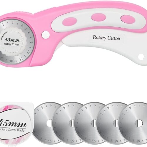 45mm Rotary Cutter with 5pcs Extra Blades, Ergonomic Handle Rolling Cutter with Safety Lock for Fabric, Leather, Crafting, Sewing, Quilting, Fabric Rotary Cutter Perfect for Left & Right Hand(Pink)