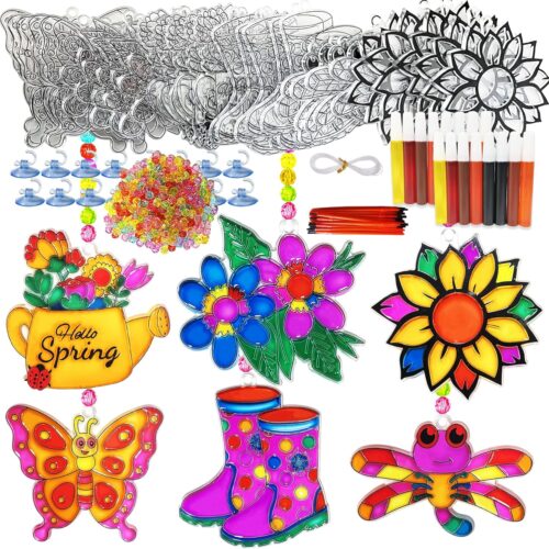 30 Sets Spring Flower Suncatcher Craft Kit Butterfly Sun Catcher DIY Window Paint Art Suncatcher Kits for Spring Summer Easter Party Activities Art Project Party