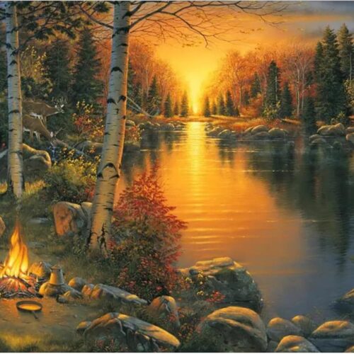 Diamond Art Kits for Adults Forest Sunset 20x16 Inches / 50x40 cm Nature Landscape Diamond Painting Kit Quiet Camping Lake Beginners DIY Craft Gem Art Round Full Drill