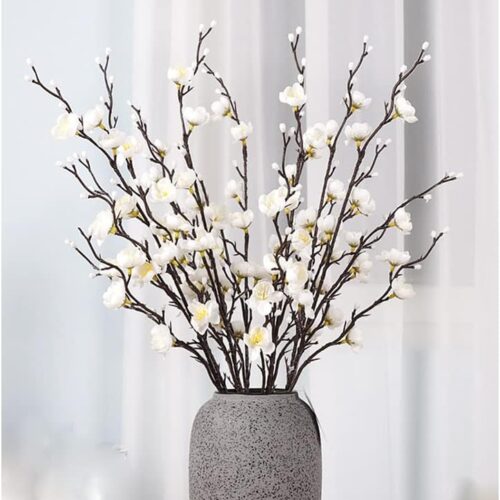 6 Pcs Artificial Plum Blossom Fake Wintersweet Long Stem Plastic Flowers Home Hotel Office Wedding Party Garden Decor 21.5'' High White