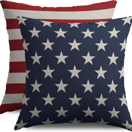 4th of July Pillow Covers 18X18 Set of 2, Patriotic Blue Star Red Striped Fourth July Print Decorative Throw Pillowcases Outdoor Memorial Day Independence Cushion Cases Couch Sofa Bed Decor