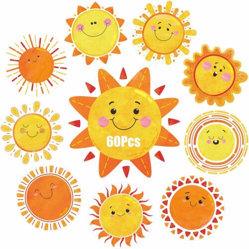 60 PCS Sun Cutouts, 10 Designs Bulletin Board Decoration Sun Cut-Outs DIY Crafts Project Spring Summer Sunshine Party Supplies