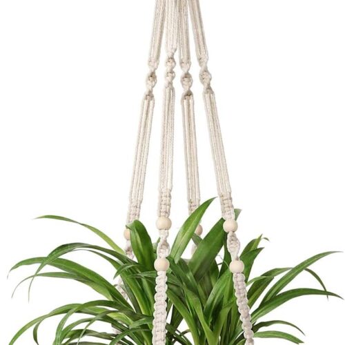Macrame Plant Hanger Indoor Hanging Planter Basket with Wood Beads Decorative Flower Pot Holder No Tassels for Indoor Outdoor Boho Home Decor 35 Inch, Ivory, Set of 1 (POTS NOT Included)