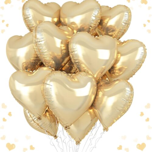 Champagne Gold Heart Balloons, 18 Inch Pastel Gold Heart Shaped Balloon, 12PCS Large Pastel Yellow Helium Foil Love Romantic Balloon for Marriage Wedding Bridal Engagement Party Anniversary Decoration