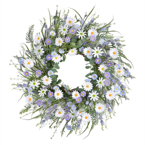 24Inch Daisy Flower Wreaths Purple Wreath with Green Eucalyptus Leaves and Lavender for Front Door Wall Window Indoors Decor