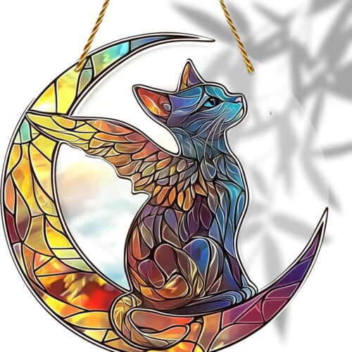 8x8 inch Charming Cat Angel Acrylic Stained Glass Window Hanging Sun Catcher Decor Stained Panel Hangings Wall Art Decor, for Friends and Family (Cat Angel)