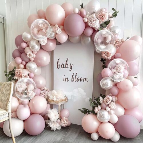 Pink White Balloon Arch Double Stuffed Pink Pearl Balloons with Bobo Kit for Birthday Baby Shower Bridal Shower Wedding Fairy Baptism Party Decorations