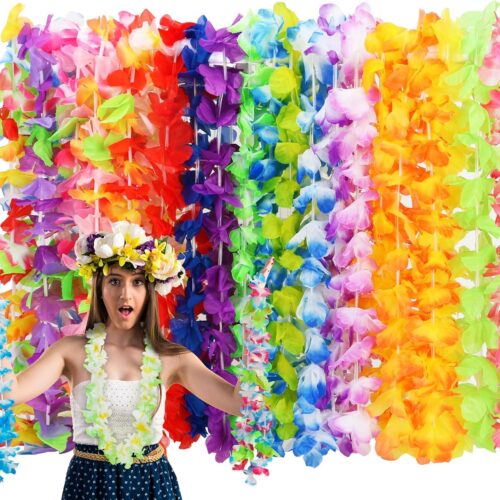 24pcs Leis for Luau Party, Hawaiian Leis Bulk Decorations Silk Flower Necklace, Colorful Tropical Hawaiian Bulk Hula Dance Party Decor, Flower Leis Summer Beach Pool Party Decorations Favors Supplies