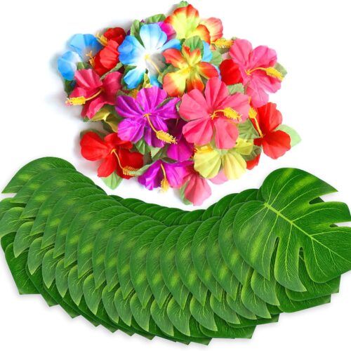 60Pcs Tropical Party Decorations Supplies Tropical Palm Leaves Hibiscus Flower Simulation Artificial Leaf for Hawaiian Luau Safari Party Jungle Beach Theme BBQ Birthday Parties Decorations Table Decor
