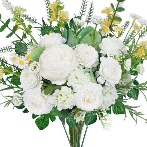 13.38" Artificial White Flowers Spring Fake Flowers Cemetery Decorations for Grave Mixed Daisy Hydrangeas Flowers Silk Floral Arrangements for Home Party Table Centerpiece Decor
