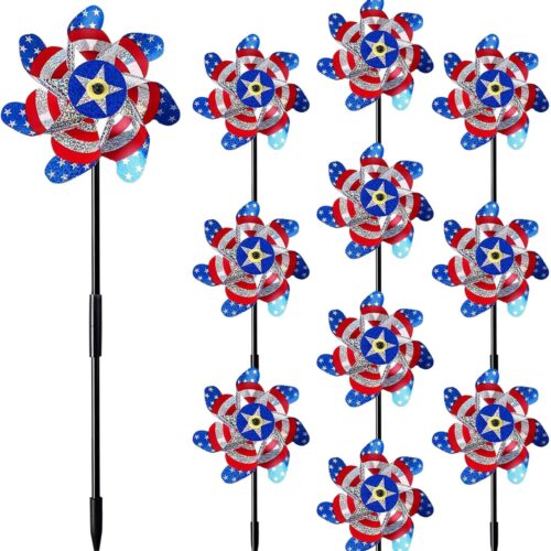 10 Pieces 21 Inches Patriotic Reflective Pinwheels with Stakes, American Flag Windmill Wind Spinners for Garden Lawn Yard, 4th of July Decorations, Large Foil Pin Wheels for Bird and Animal Deterrent
