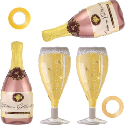 Champagne Wine Bottle Balloons, 4 Pcs Champagne Glass Foil Balloons, Large Wine Mylar Balloons for Engagement Bridal Shower Wedding Bachelorette Birthday Party Decoration