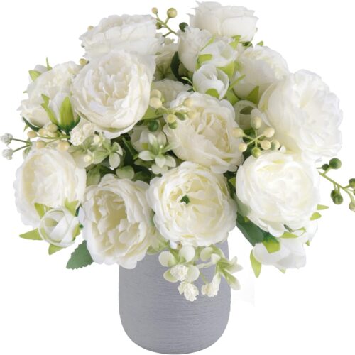Artificial Peonies Silk Flowers, White Faux Peony Bouquet 4 Bundles Florals Arrangements Decor for Farmhouse Home Boho Wedding Table Centerpiece, Fake Plastic Flowers Bulk Vase Decoration (White)