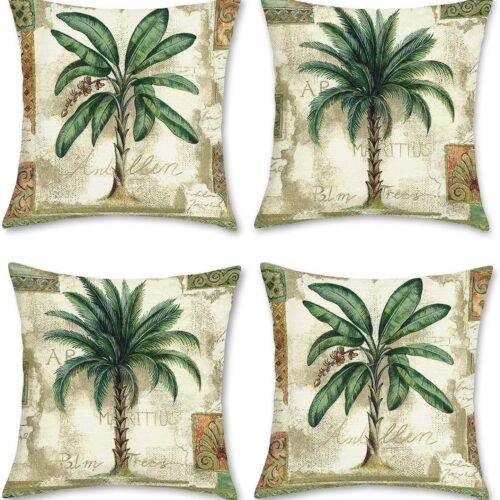 Tropical Palm Tree Throw Pillow Covers 18 x 18 Inch Vintage Green Leaf Decorative Pillow Cases Polyester Linen Cushion Covers for Couch Sofa Summer Outdoors Home Decor Set of 4