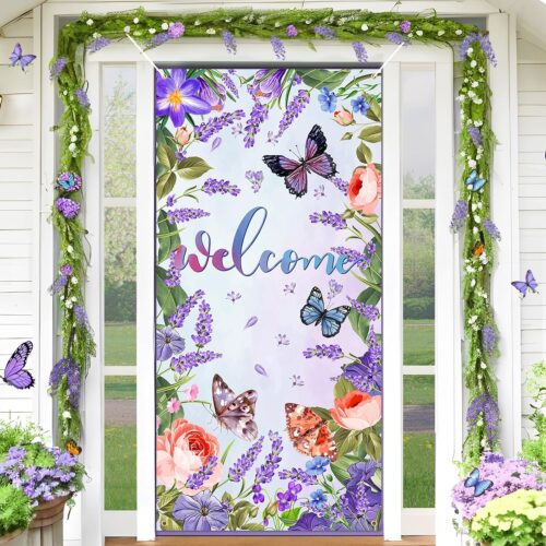 Purple Welcome Butterfly Door Cover Welcome Spring Door Decorations Banner Butterfly Flower Porch Banner Sign Photo Background for Spring Summer Seasonal Welcome Holiday Party Indoor Outdoor Decor