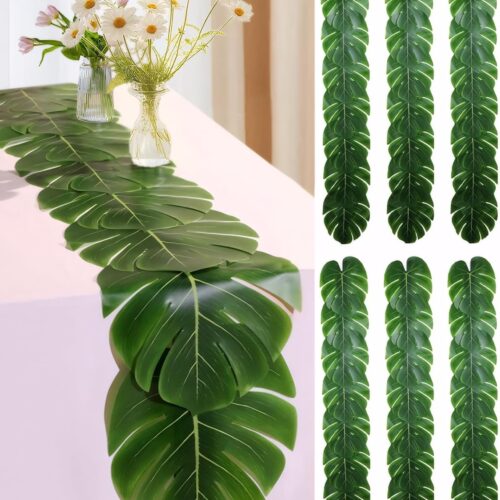Artificial Palm Leaves Table Runners 72 Inch, Tropical Palm Leaves Table Runner Faux Leaf Table Cloth for Wedding Hawaiian Luau Theme Party Supply Summer Table Wall Decorations (6)