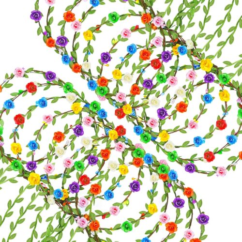 24 PCS Assorted Colored Flower Crown, Garland Multicolor Headbands, Wreath Headband Floral Headpiece Party Festivals Hair Accessories for Wedding Vacation Fairy Party Photoshoot Decor