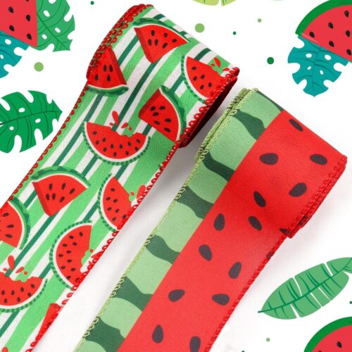 2 Rolls 10 Yards Summer Wired Edge Ribbon, 2.5inch Green White Stripe Burlap Ribbon, Watermelon Gift Wrapping Ribbon for Farmhouse Party DIY Craft Summer Wreaths Bow Decoration