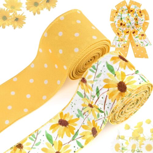 Daisy Flowers Yellow Dots Wired Edge Ribbon Summer Floral Fabric Ribbon for DIY Crafts Wreath Bow Making Wrapping Party Decor Supplies, 2 Rolls, 20 Yard