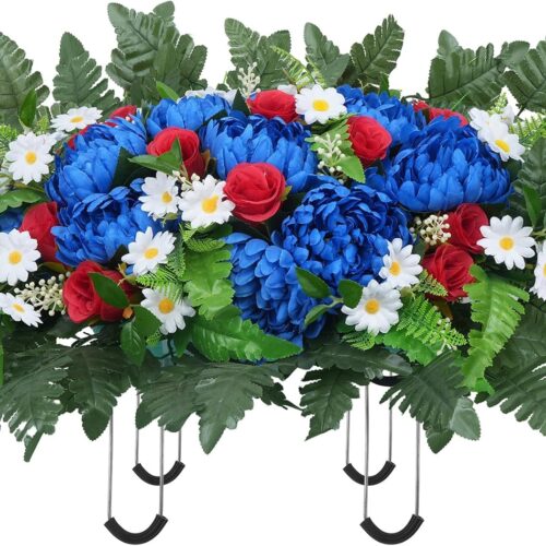 Patriotic Artificial Cemetery Flowers Saddles Red White and Blue Flowers, Outdoor Grave Decoration 4th of July Faux Silk Rose Peony Floral Arrangement Headstone Saddle for Grave Memorial Day