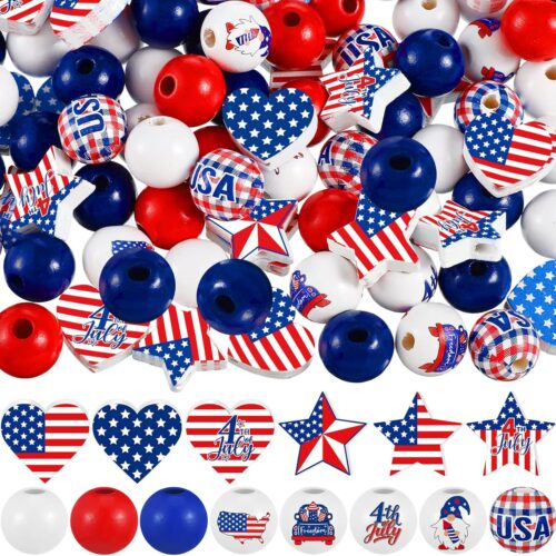200 Pcs 4th of July Wood Beads Patriotic Independence Day Wooden Beads America Flag Star Heart Round Blue Red Beads Us Memorial Day Beads for DIY Jewelry Garland Necklaces Tiered Tray Decor
