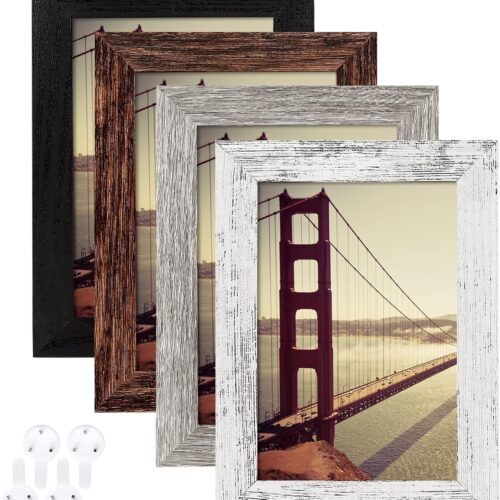 4x6 Picture Frame Distressed Farmhouse Wood Pattern Set of 4 with Tempered Glass,Display 3.5x5 with Mat or 4x6 Without Mat,Multicolour