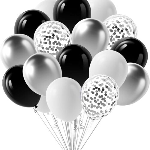 Bearingshui Black Silver Confetti Balloons, Total 50PCs Balloons for Birthday Wedding Bridal Baby Shower Graduation Silver and Black Party Decorations