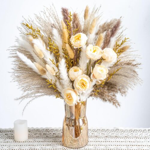Pampas Grass Decor,Dried Pampas Grass Mix Bouquet | Dried Flowers Bouquet for Wedding Boho Flowers Home Table Decor Desk Decor, Rustic Farmhouse Decor Boho Flowers Home Table Decor (White&Beige)