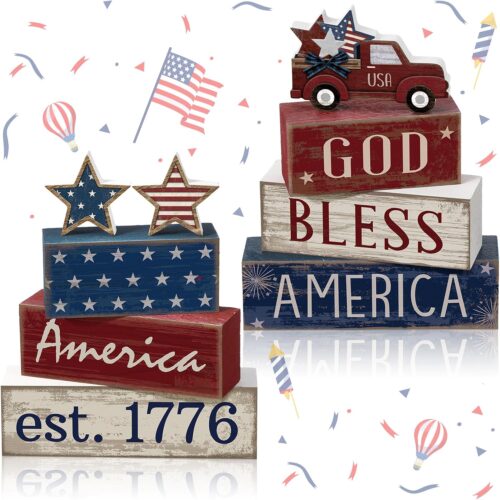 9 Pcs 4th of July Table Decorations Memorial Day Decorations Patriotic Tiered Tray Decor Wooden Star Truck Block Sign for American Independence Day Tables Desk Mantle Shelf Decoration