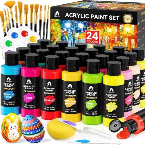 40 Pcs Acrylic Paint Set with 12 Brushes, 2 Knives & Palette - 24 Colors (2oz/60ml) for Adults, Kids, Artists & Beginners - Easter Basket Stuffers, Rock & Egg Painting Kit