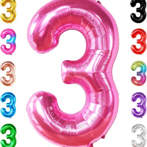 40 Inch Hot Pink Large 3 Number Balloons Big Foil Helium Number Balloons 0-9 Jumbo Happy 3rd Mylar Birthday Party Decorations for Girl Anniversary Party Supplies